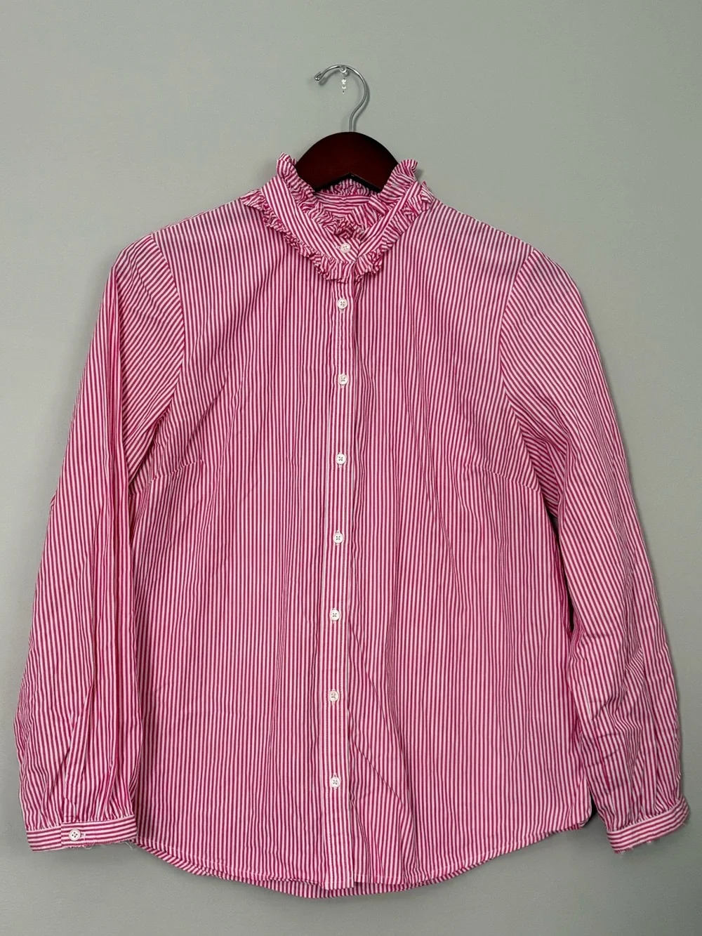 J.Crew Pink White Striped Ruffle Neck Button Down Blouse 100% Cotton M